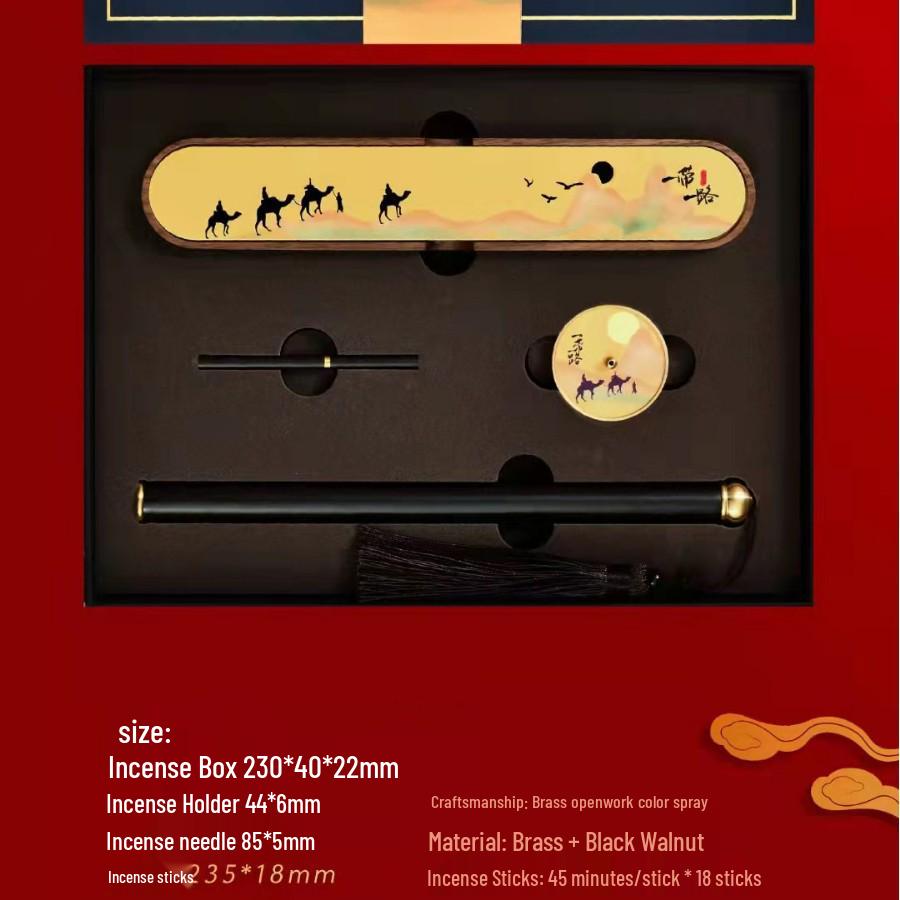 Chinese Style Walnut & Brass Incense Burner Set - Agarwood & Sandalwood Holder Gift Box
