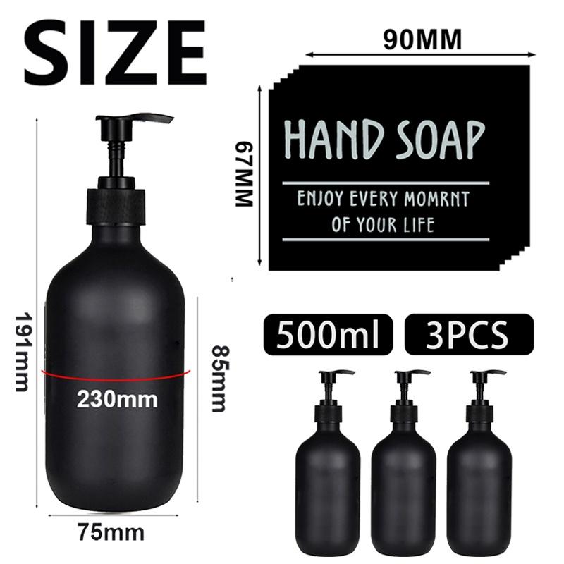 3 шт., 500 мл, матовый черный дозатор для мыла, бутылки с эфирным маслом, мыльница для рук, контейнер для жидкости, многоразовая пустая бутылка с 6 этикетками