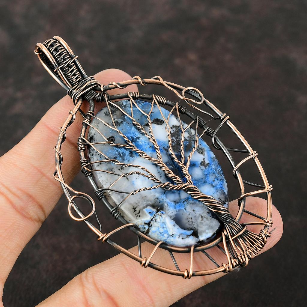 Подвеска из голубого дендрита и опала «Дерево жизни», медная проволочная обертка, драгоценный камень, подарок для нее, медная подвеска ручной работы, проволочная обертка, ювелирные изделия