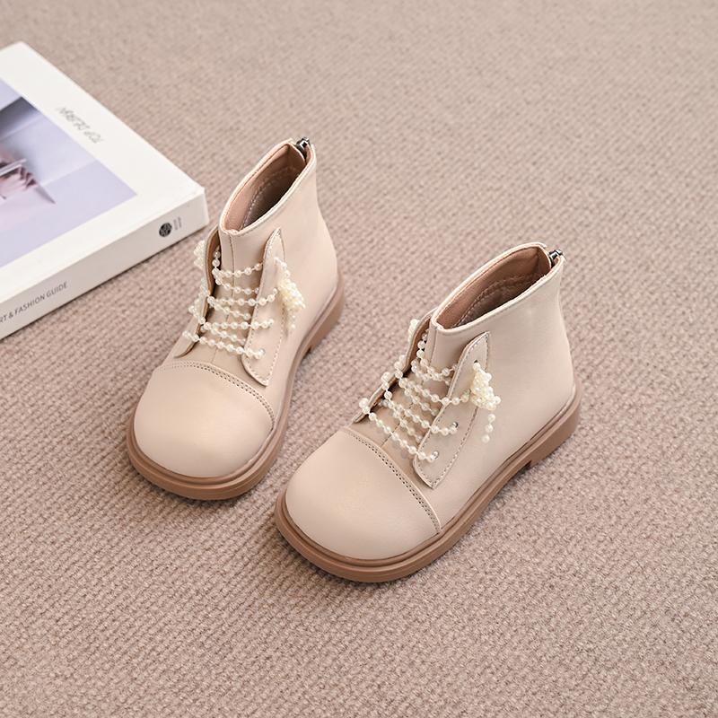 Девочки Жемчуг Принцесса Кожаные Сапоги Мода Детские Теплые Хлопковые Сапоги с Жемчугом Элегантные Детские Короткие Сапоги 2024 Зима Новинка