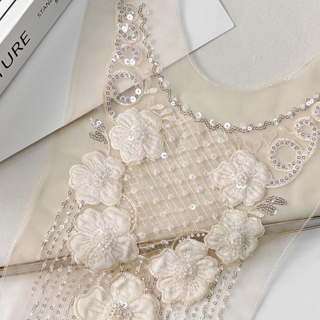 Fashion Mesh Beaded Sequins Embroidery Flower Cloth Sticker Lace Embroidery Placket Collar Wedding Dress Accessories Decal