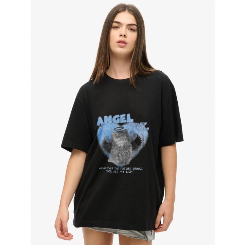 Женская футболка с коротким рукавом с ретро-потертым принтом "ANGEL CAT" Ангел-кошка и слоганом с сердечком