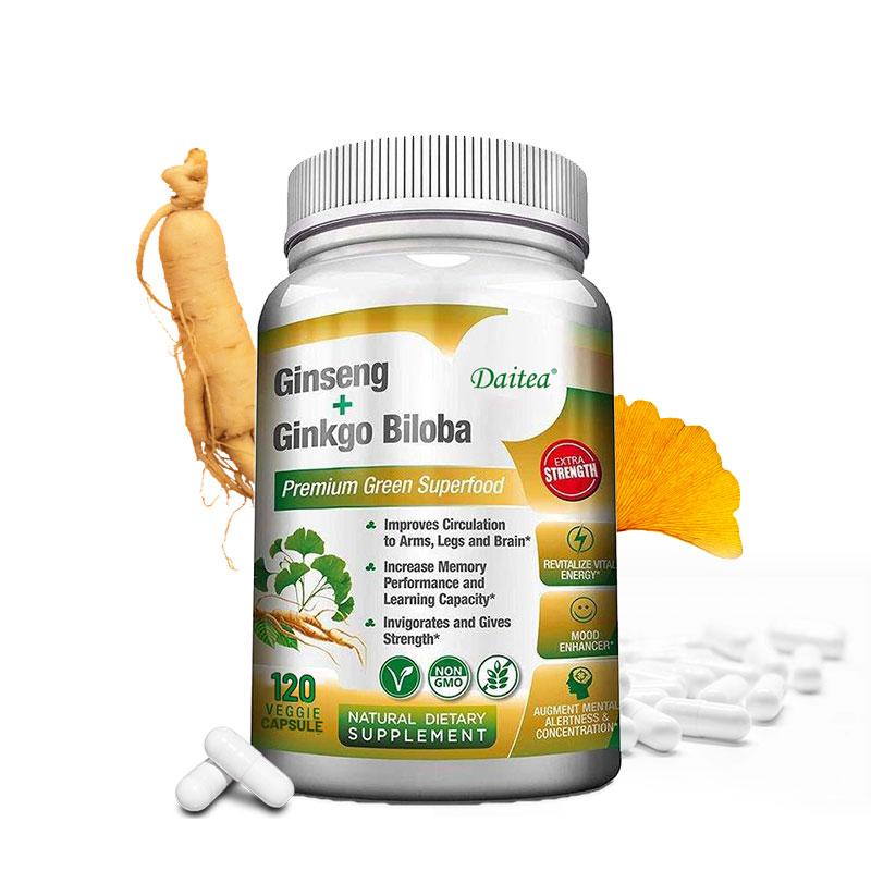 Ginsen & Ginkgo Biloba Dietary Supplement Capsules, 120 Veggie Capsules 60‑Day Supply