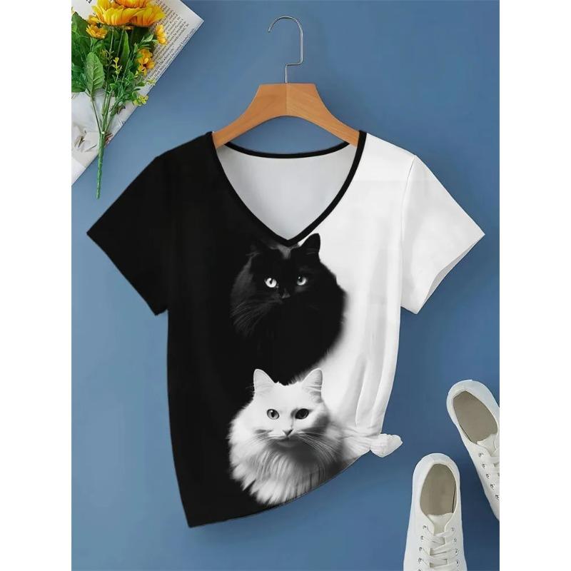 Casual Fashion Simple Abstract Painting Animal Black and White Cat Breathable 3D Printed V-neck Short Sleeve T-shirt Casual Sports Shirt