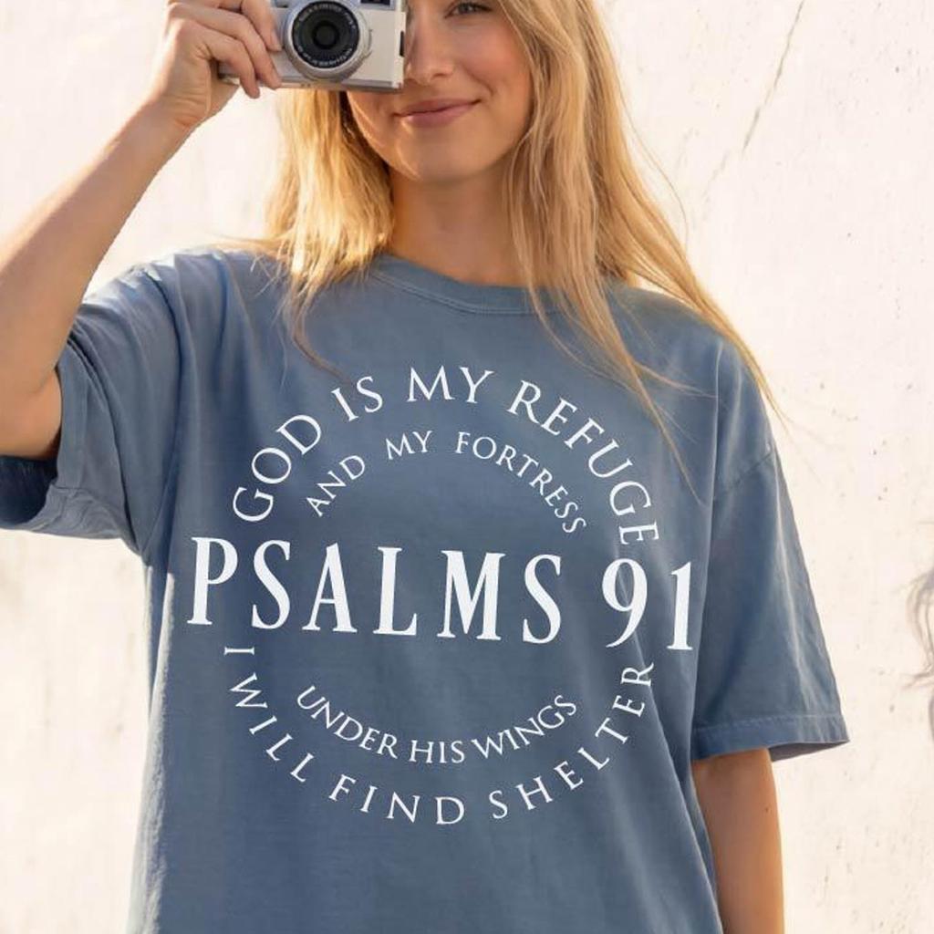 Comfort Colors® Psalms 91 Shirt, Bible Verse T-Shirt, Christian Gift for Him, Faith Based Clothing, Minimalist Religious Graphic Top