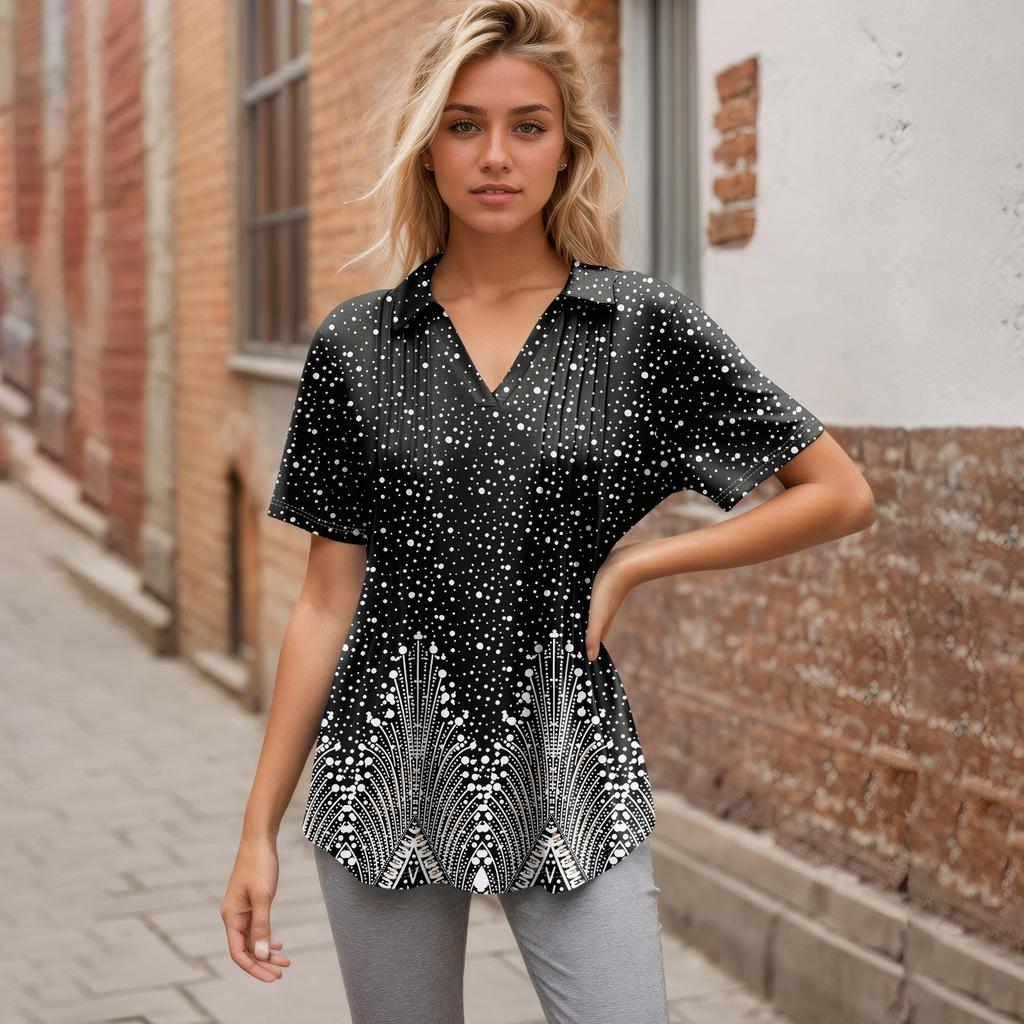 Womens Short Sleeve T Shirts Pleated V Neck Printing Tee Collared Summer Tops Fashion Business Casual Work