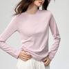 Women's Loose Straight Long Sleeve Pink Cotton T-Shirt, Semi-High Crew Neck