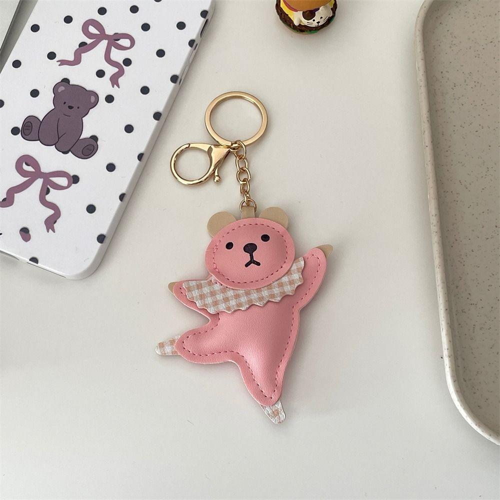 Patchwork PU Bear Pendant Animal Car Keyring Creative Ballet Bear Keychain Girl/Boy
