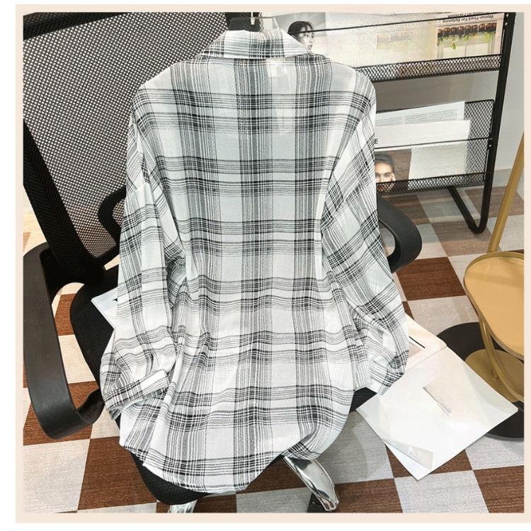 Womens Summer Checkered Shirt Breathable Long Sleeve Chiffon Blouse Lightweight Open Front Top Outerwear