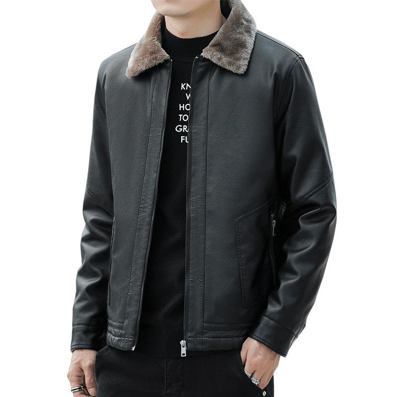 Куртка из бархатной кожи с лацканами, мужская куртка из искусственной кожи с мехом, свободная куртка среднего размера для мотоциклистов, утолщенная теплая мужская куртка