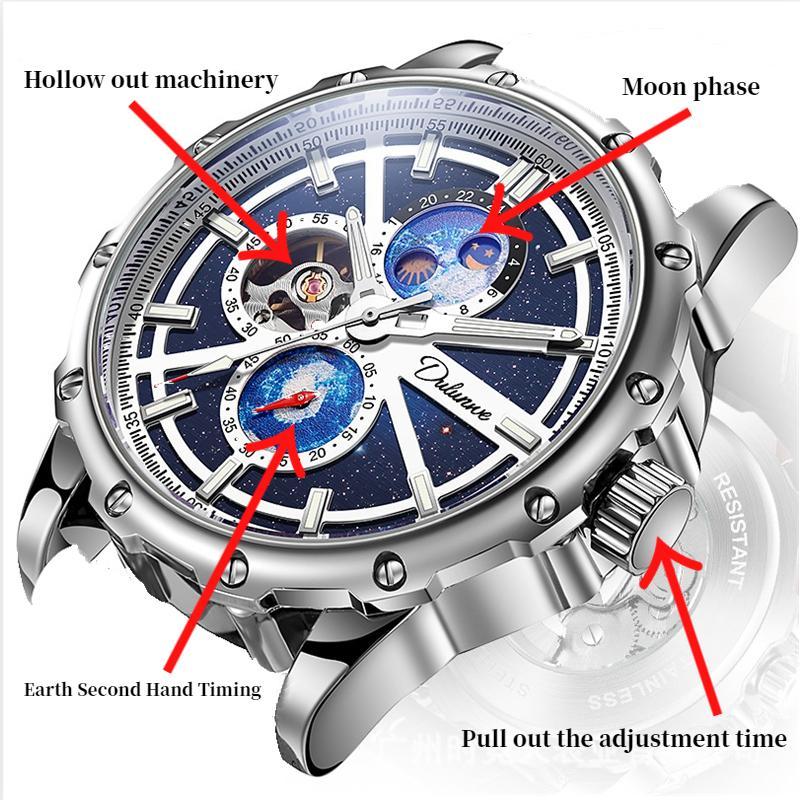 Dulunwe Мужские автоматические механические полые механические часы звездное небо наручные часы водонепроницаемые деловые наручные часы