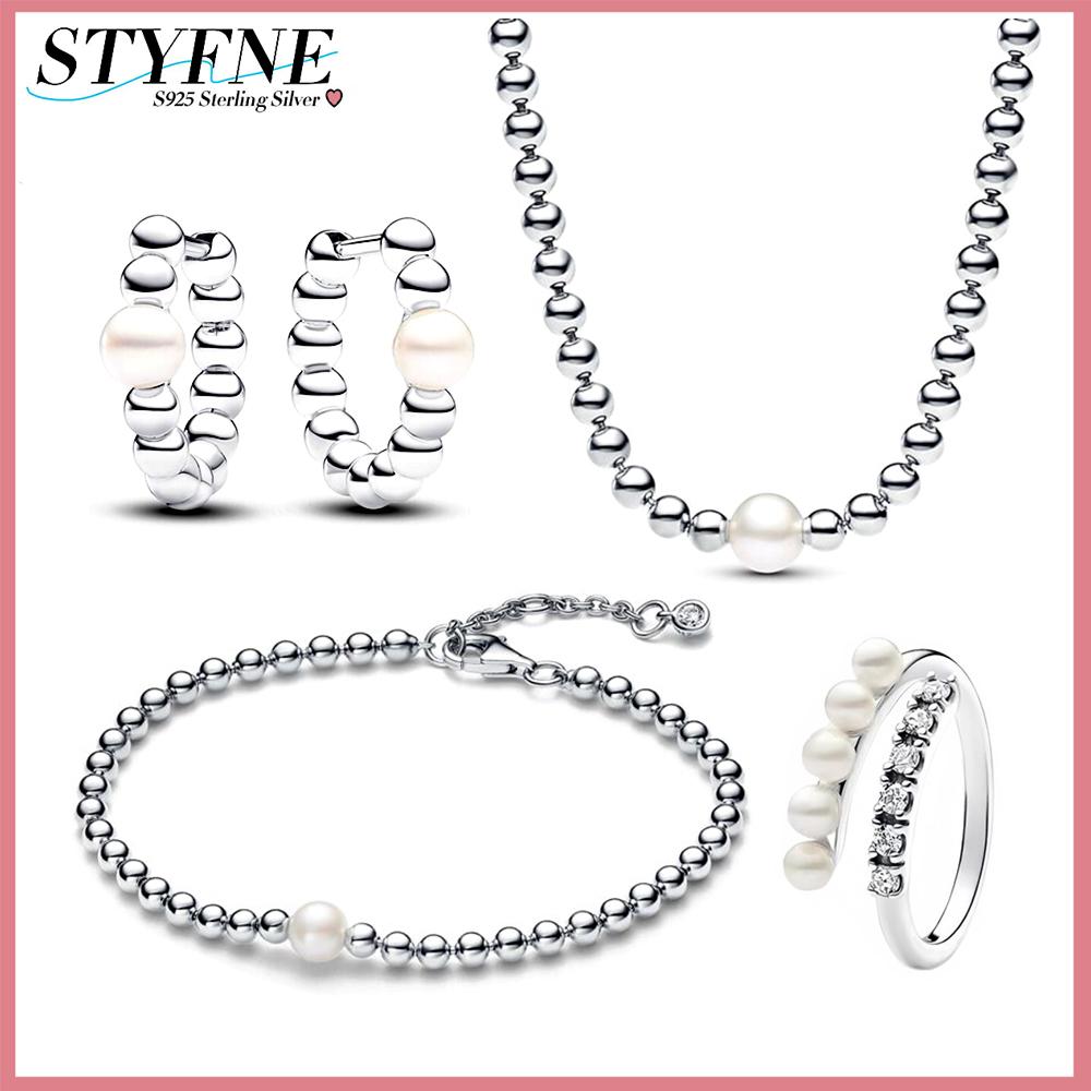 925 Sterling Silver Pearl Shiny Bead Jewelry Set Bracelet Earring Necklace for Women Exquisite Simple Stackable Jewelry Gift