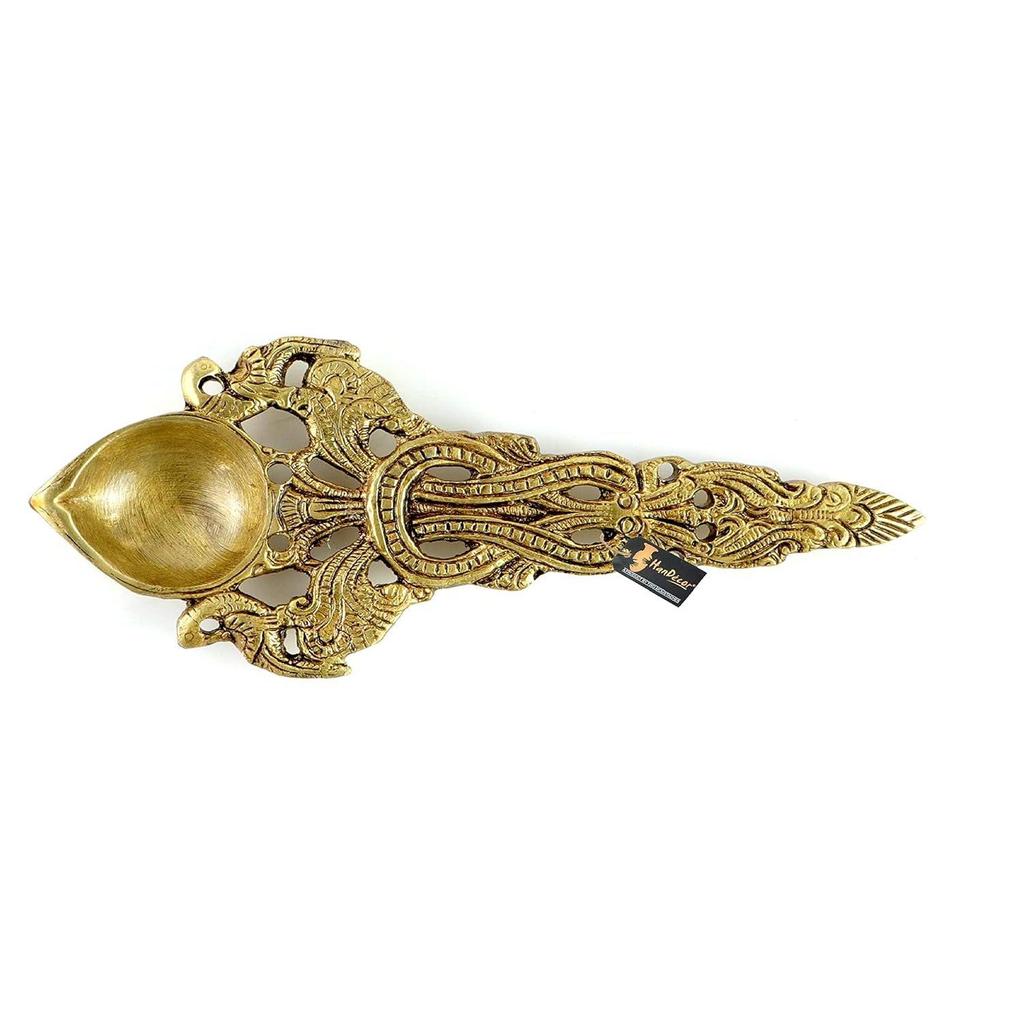Twin Peacock Design Round Brass Pooja Aarti Spoon, Hawan Spoon for Pouring Ghee In Hawan Kund, Antique Yellow NEW
