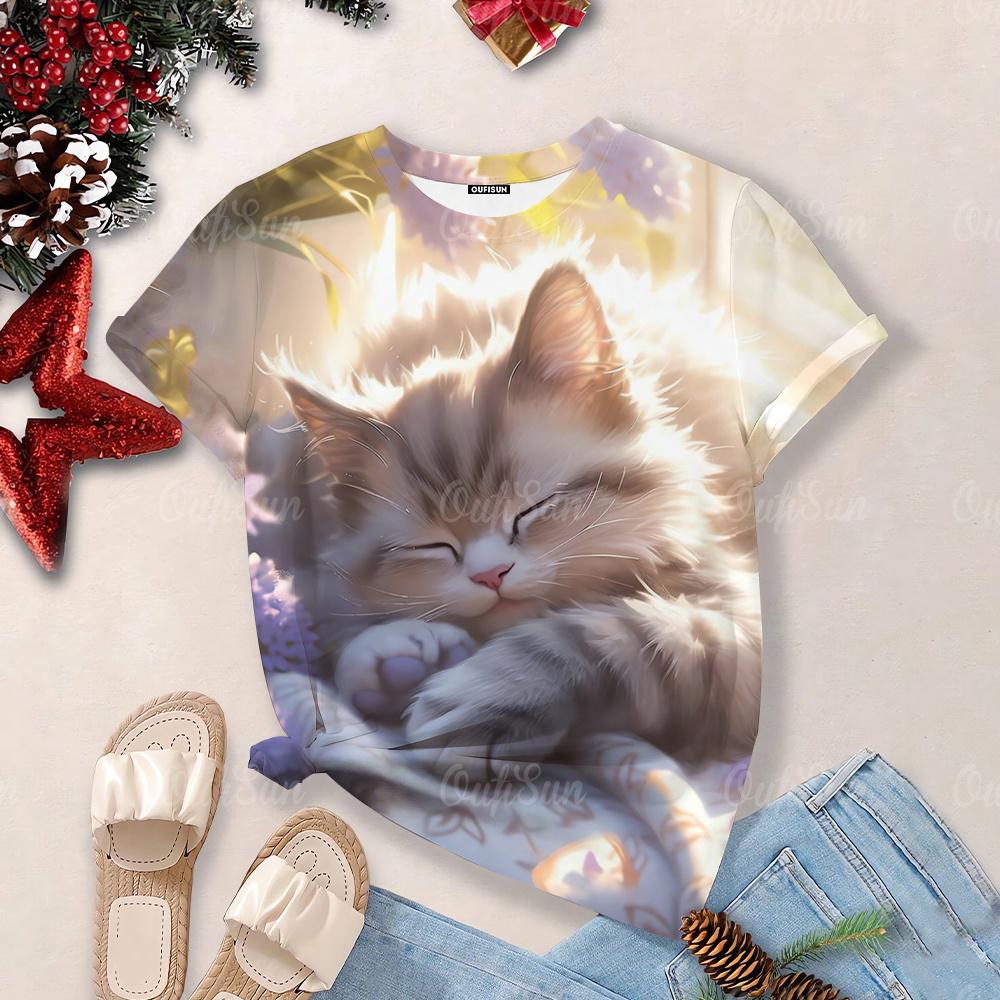 Футболки Overzise для женщин 2024, футболки с круглым вырезом и короткими рукавами с 3d принтом милого кота, топы, кавайные повседневные футболки, эстетические женские топы