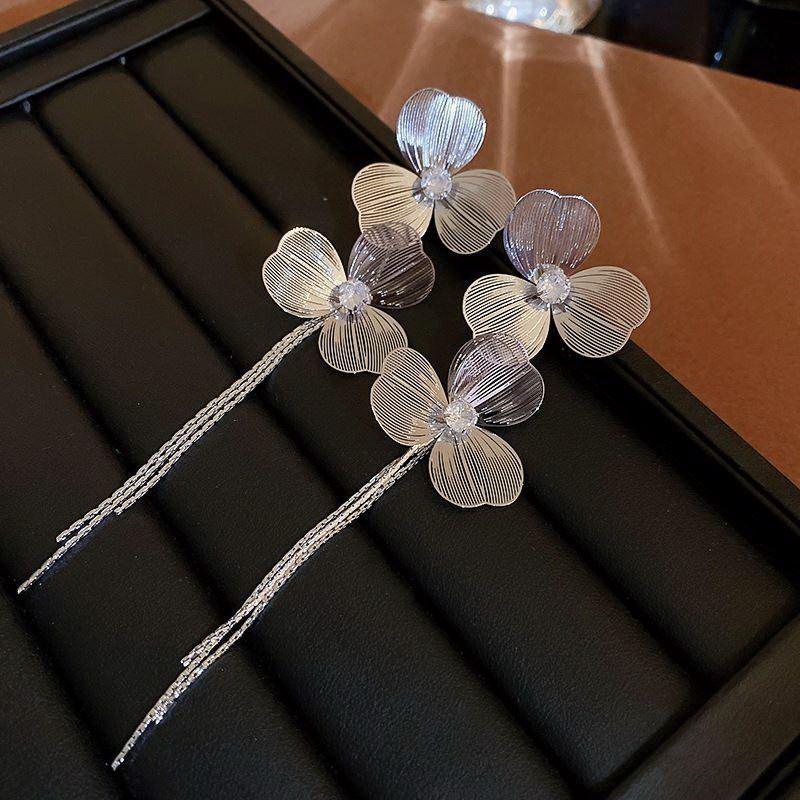 Trendy Exaggerated Zircon Metal Flower Tassel Long Drop Earrings For Women Design Party Jewelry Gift