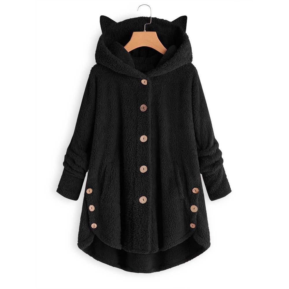 Amazon 2025 autumn and winter European and American buttons hooded cat ears plush top irregular trendy brand solid color coat women