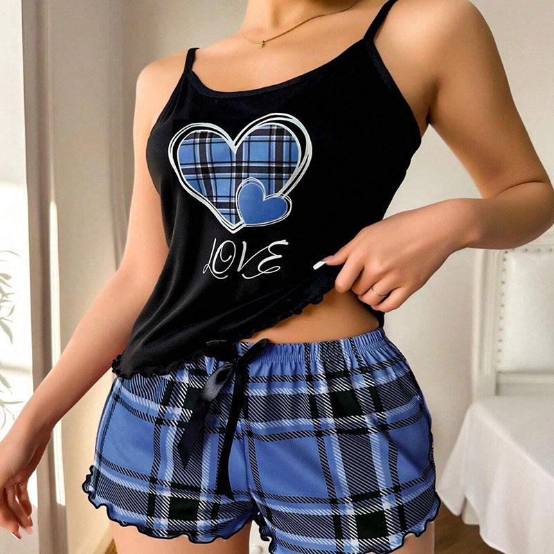 Sexy Nightwear Women's Suspenders Top Plaid Pants Fashion Sleepwear Homewear Two-Piece Set Ladies Pajamas Love Print Loungewear