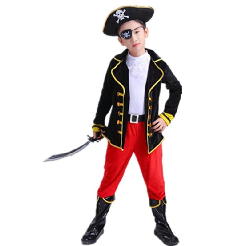 Kids Pirate Costume Carnival Set with Hat, Eye Patch, and Boot Covers - Premium Fabric - Red/Black - 7-8 Years/120-130 cm