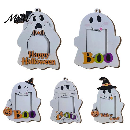 Halloween Keepsake Frame Cute Ghost Wooden Photo with Hanging Rope, Creative Durable Slot Picture for Holiday Party Decor And Home Wall Decoration