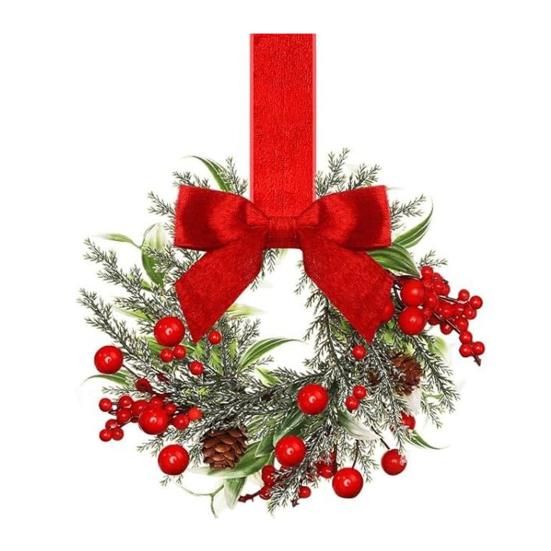 Мини Рождественский Венок с Бантом из Красного Бархата Декор Дверцы Шкафа для Кухни Окна Фермерского Дома Входной Двери Стены Камина Ягодная Гирлянда