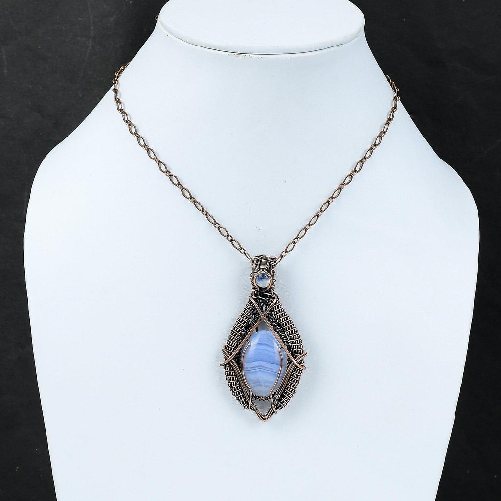 Кулон из синего кружева с агатом Радужный кулон из лунного камня Кулон из медной проволоки Ювелирные изделия ручной работы Подвеска из драгоценного камня для подарка Ювелирные изделия из медной проволоки
