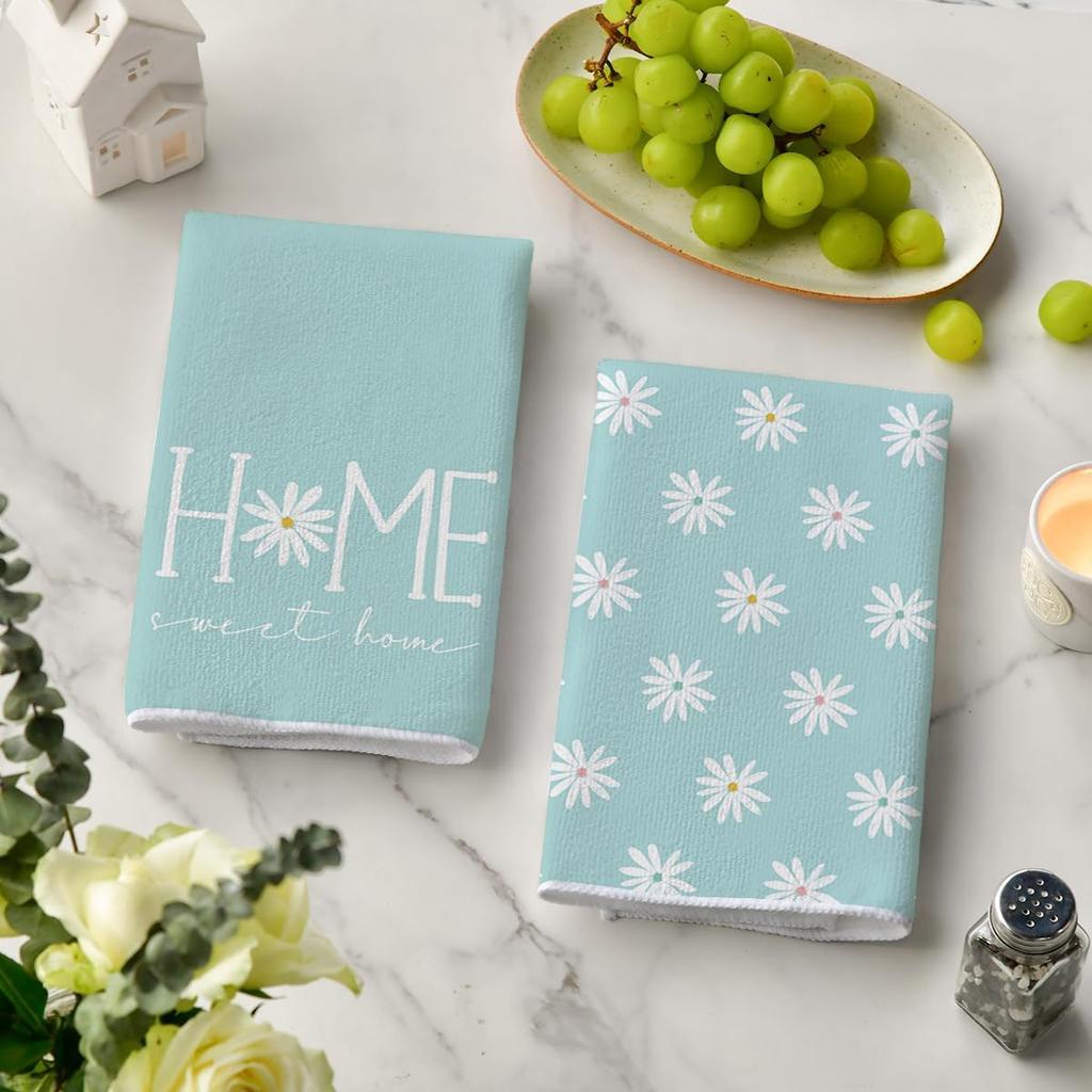 Artoid Mode Blue Home Sweet Home Flowers Kitchen Towels Dish Towels, 18x26 Inch Summer Decoration Hand Towels Set of 2