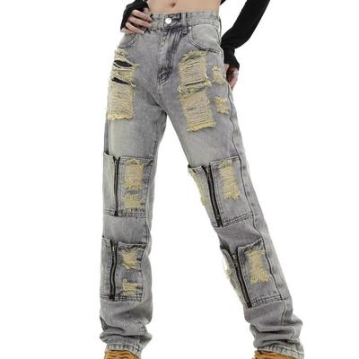 Джинсы с перфорацией на молнии для мужчин и женщин, уличные, персонализированные, прямые, ретро, повседневные брюки