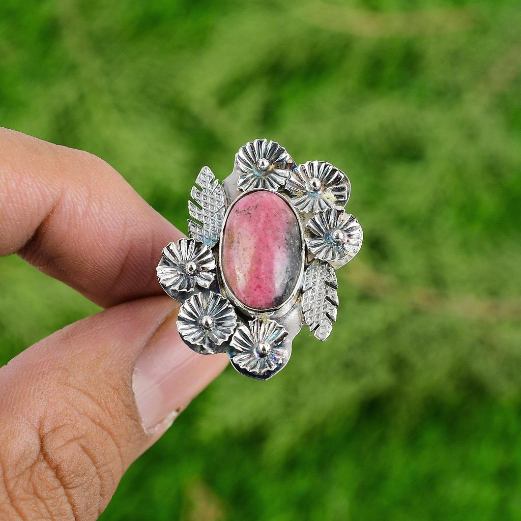 Wedding Gift For Her 925 Silver Natural Rhodonite Promise Flower Adjustable Ring