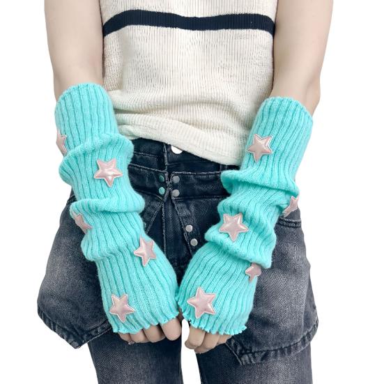 Вязаные митенки для девочек, длинные перчатки до запястья без пальцев, зимние нарукавники со звездой и отверстием для большого пальца для женщин, уличная одежда, вечеринки