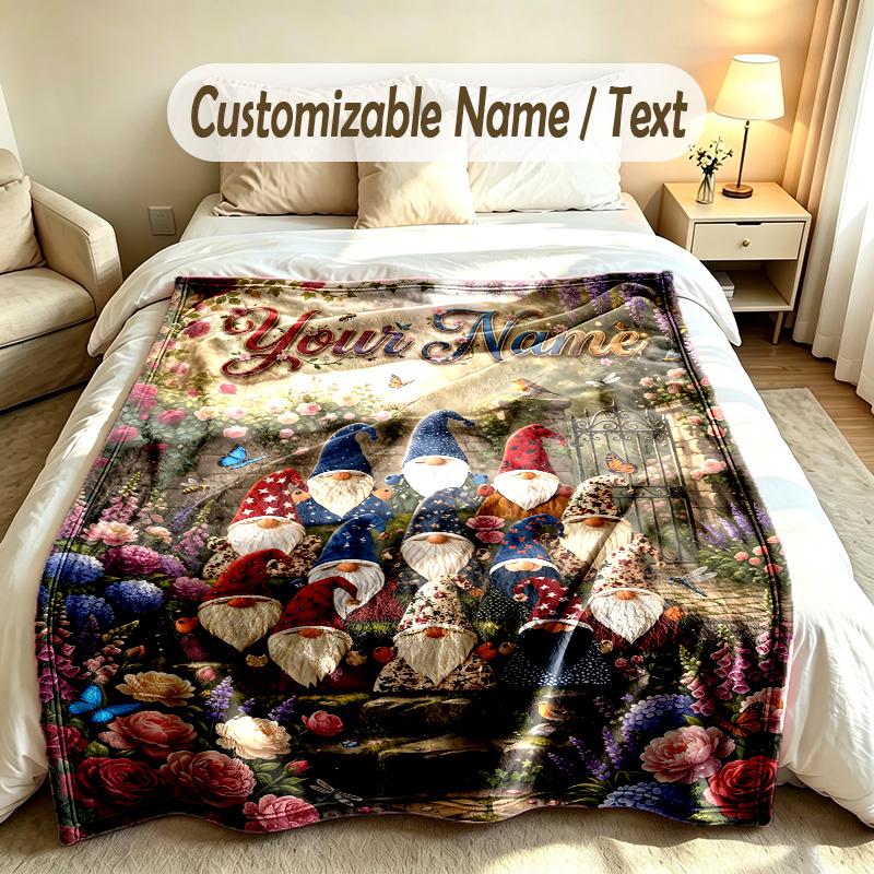 Gnome Theme Custom Blanket Personalized Name & Text Customized Soft Warm Throw Blanket Home Decor