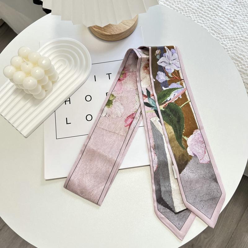 High-Grade Flower Print Long Silk Scarf Hair Band Ribbon Tied-up Hair Long Bow Vintage Satin Ribbon Hair Accessories For Women