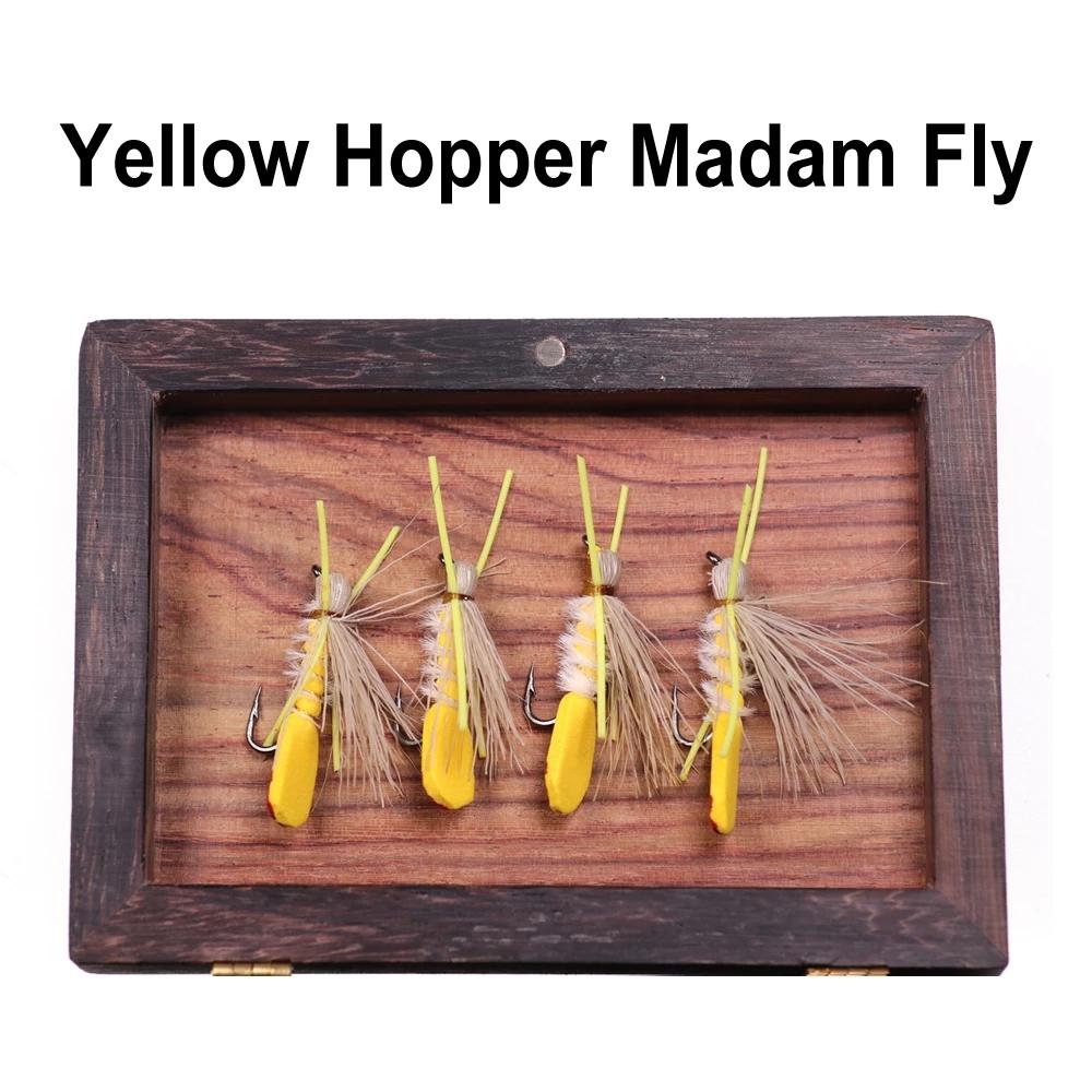 Bimoo 4PCS #10 Yellow Hopper Madam & #4 Black Hopper Fly Fishing Dry Flies Floating Foam Fishing Lures for Trout Bass Pearch