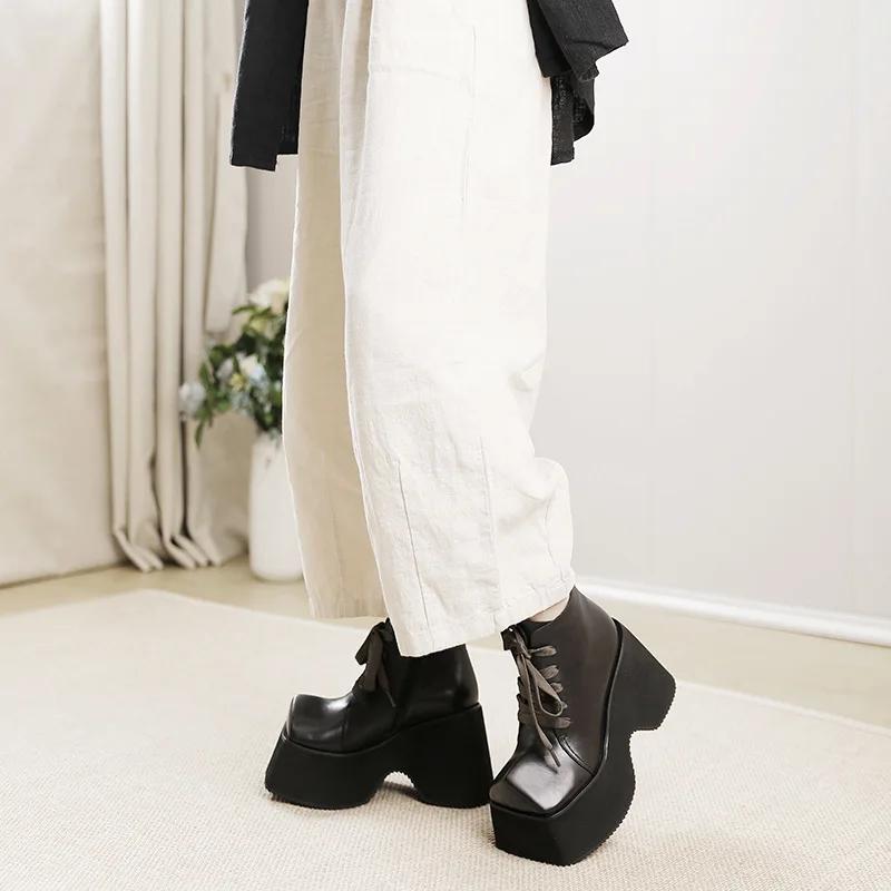 10.5CM Comfy Boots Woman Ethnic Platform Ankle Boot Spring Big Strange Toe Genuine Leather Autumn Fashion Shoes Moccasins