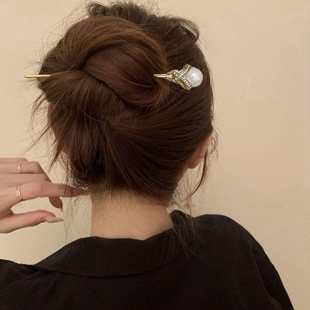 Silver Rhinestone Hair Stick Metal Pearl Hairpin Classical   Hairstyle Design Tool