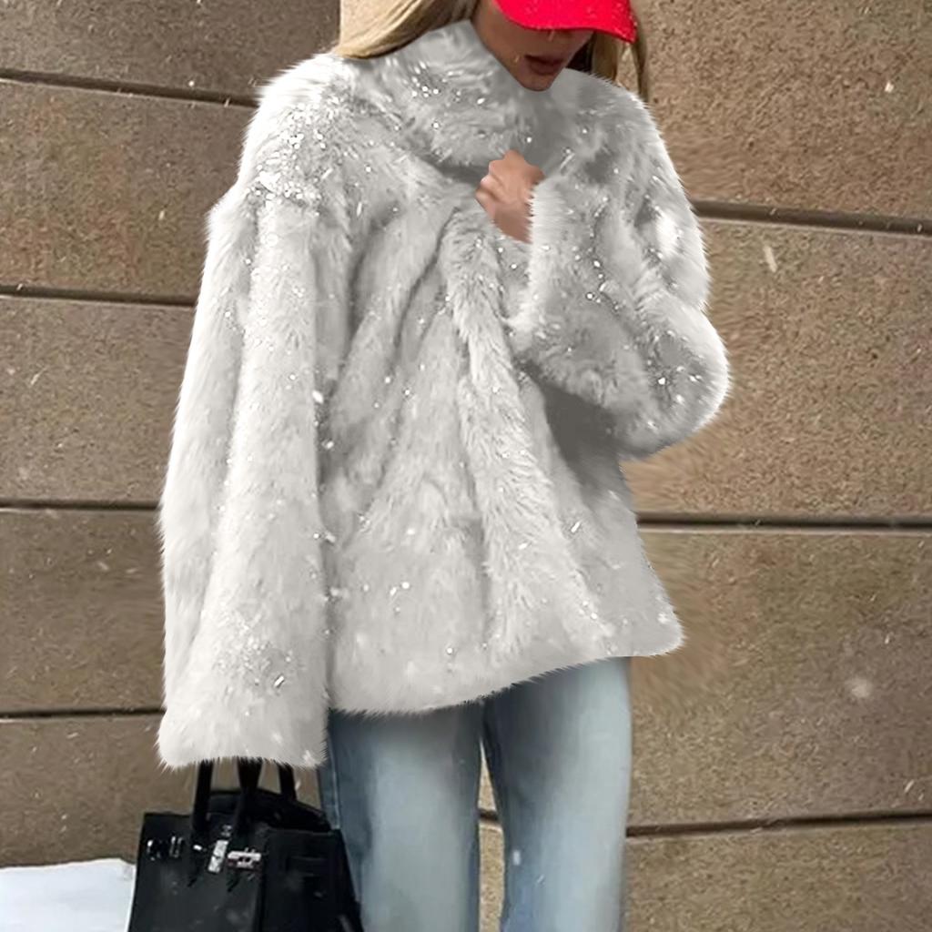 Women's Fashionable Warm Long Sleeve  Solid Color Furry Collar Coat