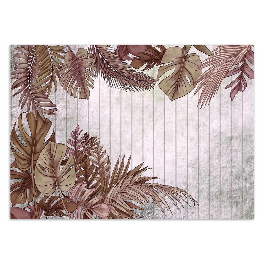 Wallpaper Exotic leaves on a background of light-coloured boards