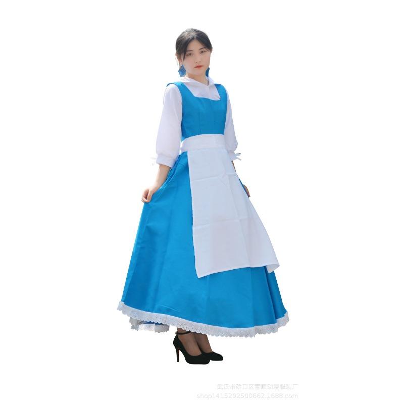 Beauty and the Beast Belle Blue Maid Dress Cosplay Costume, Women Party Roleplay Outfit