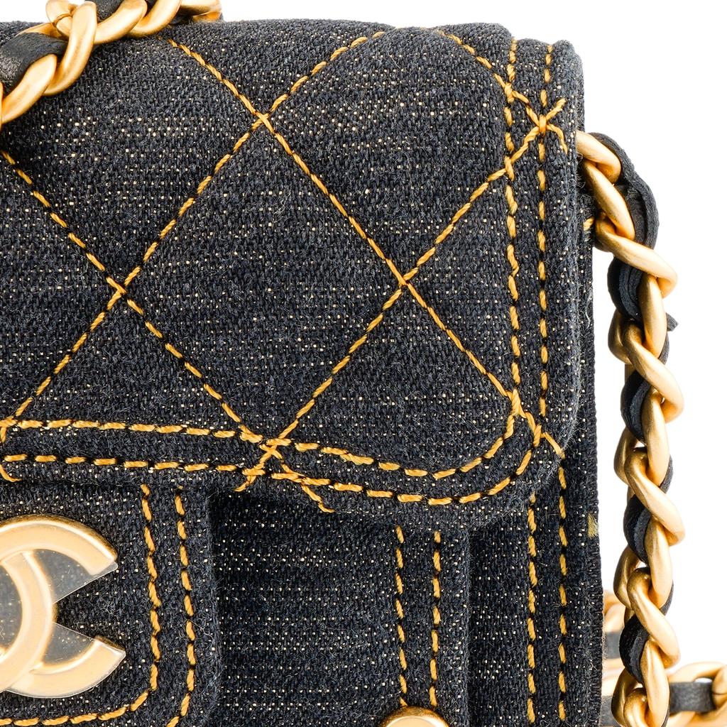 Chanel 23s Двойной У Алмазный Узор Кожаная Цепочка Джинсовая Одноплечевая Сумка-Почтальон Мини Женская Черная
