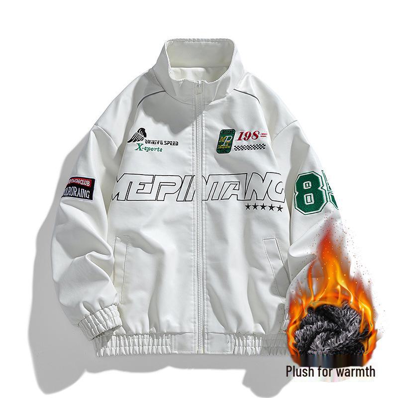 Мужская зимняя куртка 2024 года из искусственной кожи с вышивкой и воротником-стойкой — модный и повседневный американский стиль