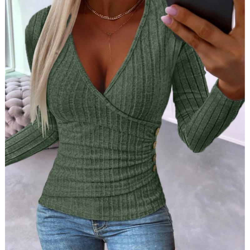 YYFS Женские модные повседневные весенне-осенние однотонные блузки и рубашки с v-образным вырезом и длинным рукавом с принтом