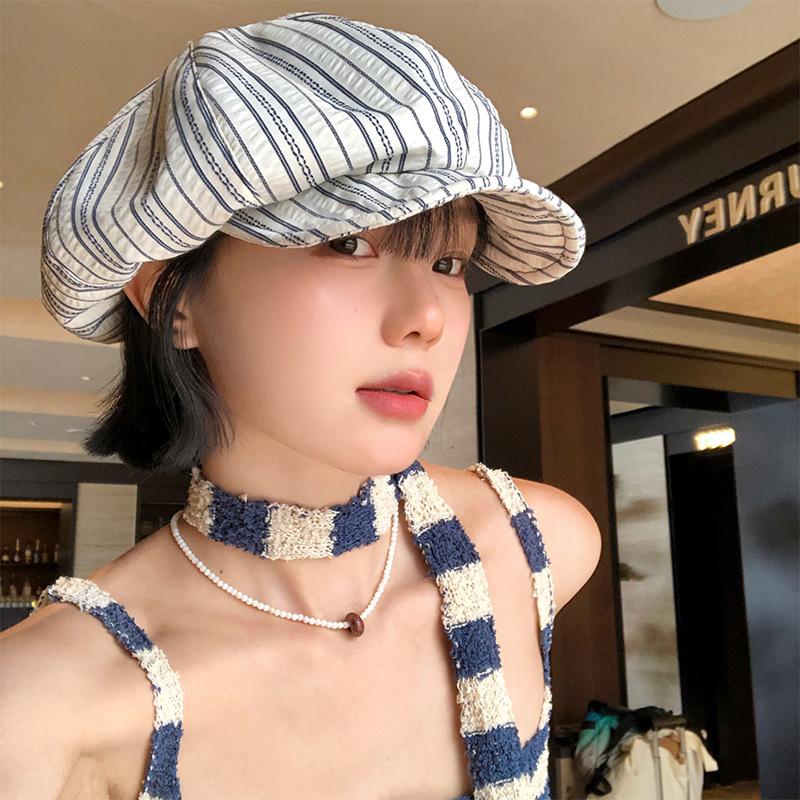 Spring and summer new Japanese striped pleated beret female literary and retro painter hat showing face small versatile cap