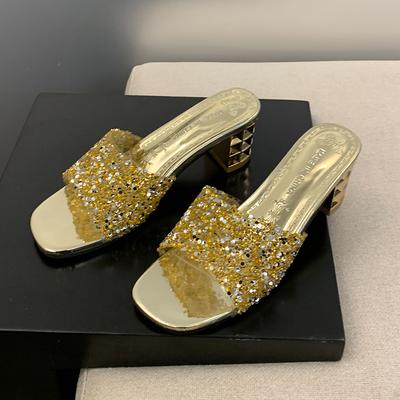 Летние новые массивные тапочки женские модные круглые открытые носки из пайеток ткань без застежек противоскользящие износостойкие высокие каблуки