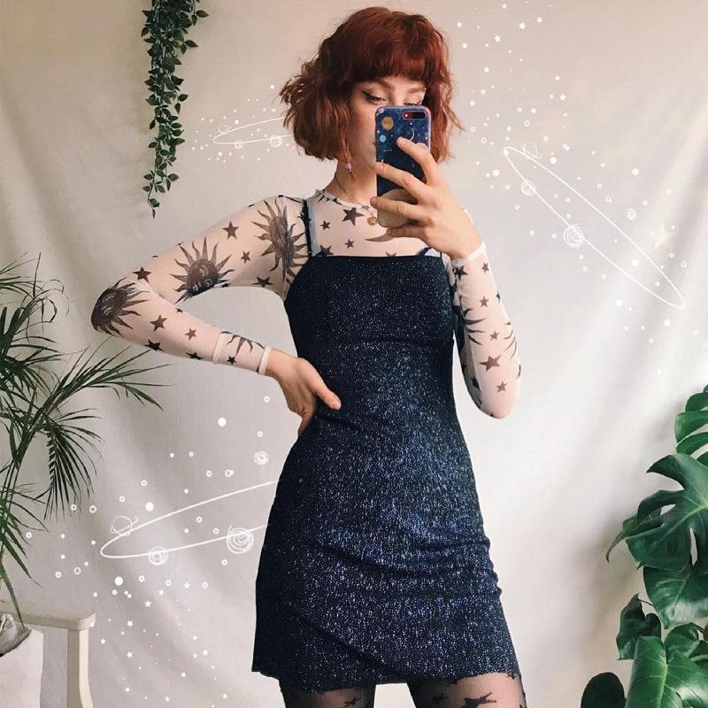 Прозрачная сетчатая сексуальная футболка с принтом Солнца и Луны, женская тонкая базовая повседневная футболка с круглым вырезом и длинным рукавом, новинка весны 2023 г.