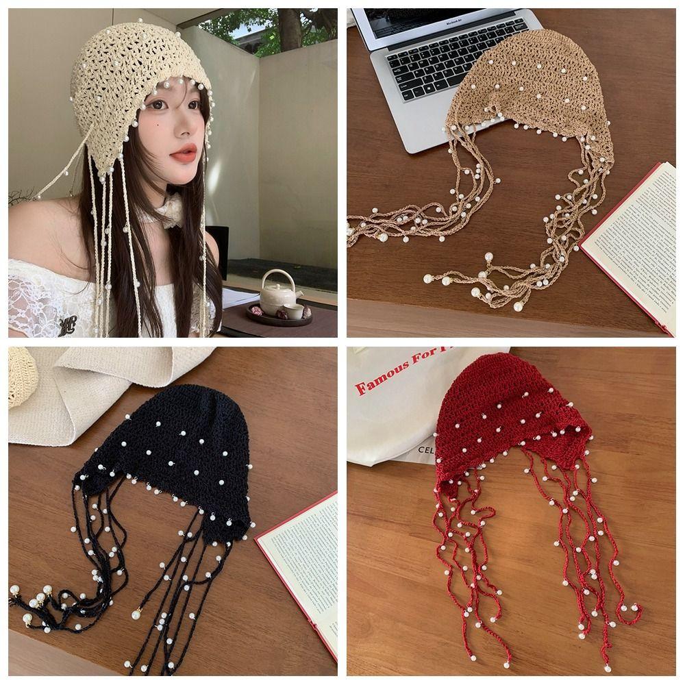 Crochet Flower Knit Cap Beanies Ethnic Style Hat Casual Hollow Pearl Tassels Knitted Hat Outdoor