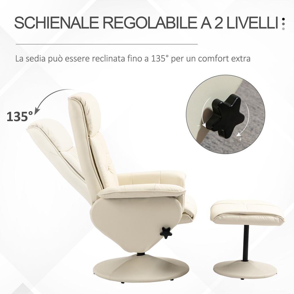 Relaxing armchair that reclines up to 135 with a swivel seat and footrest. 78x84x110cm. Cream
