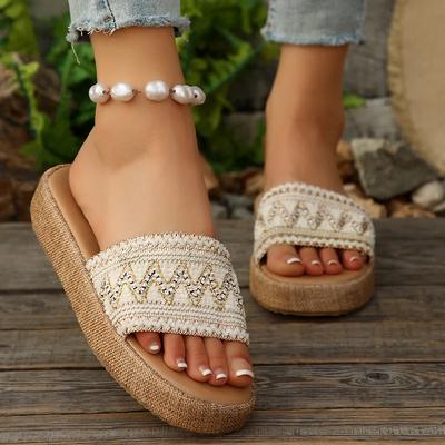 Мода 2025 Новая женская обувь Толстая подошва Богемные сандалии Женские летние плетеные шлепанцы на платформе Женские винтажные больших размеров Нескользящие шлепанцы