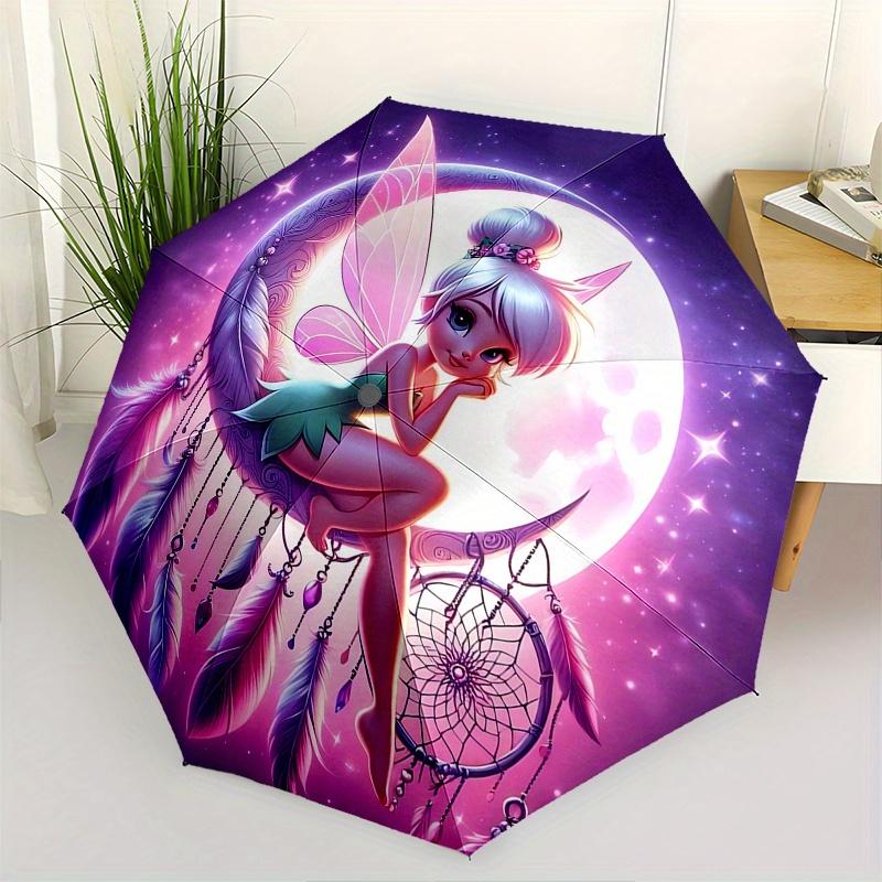 Disney Tinker Bell Moon Automatic Open/Close Umbrella - Cute Umbrella with Cute Design, Portable 3-Fold Compact Umbrella for Men & Women, Va