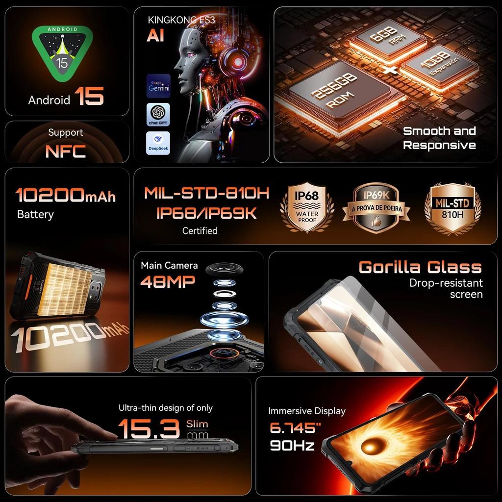 Тонкий защищенный смартфон Cubot KingKong ES 3, Android 15, NFC, огромный аккумулятор 10200 мАч, 6 ГБ ОЗУ, 256 ГБ ПЗУ, 6,745-дюймовый экран 120 Гц