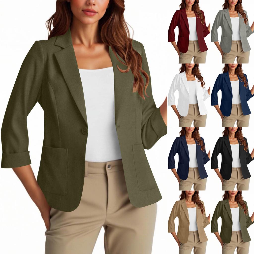 Womens Casual 3/4 Sleeve Blazers Open Front Solid Color Lapel Collar Work Business Suit Jackets