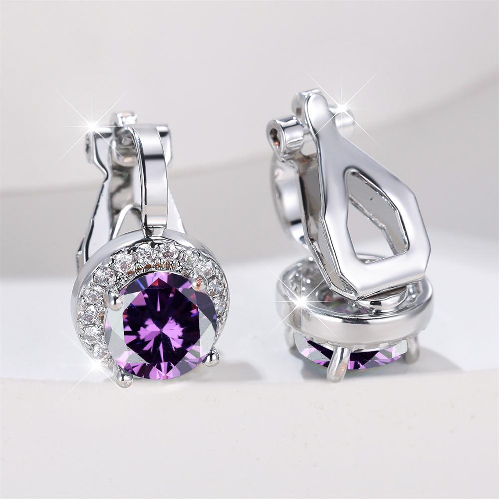 Mystic Rainbow Crystal Round Stone Clip Earrings For Women Rose Gold Silver Multicolor Zircon Jewelry Simple Fashion Gifts